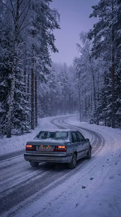 Scène cinématographique de route hivernale avec berline des années 1990