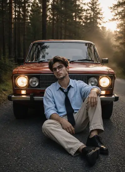 Portrait mélancolique des années 1970 avec voiture vintage en forêt