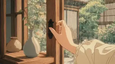Studio-Ghibli-artige Animation von regnerischem Garten und Zitronentee