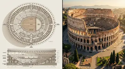 Architectural blueprint versus aerial photo of a landmark