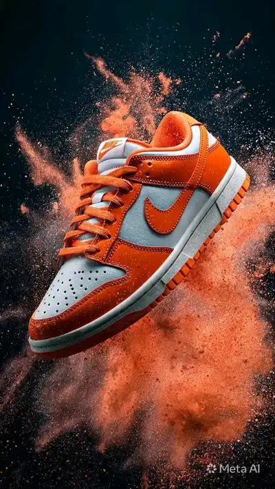 Nike Dunk Low sneaker product shot with orange powder burst