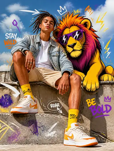 Éditorial de mode en technique mixte avec un lion de dessin animé