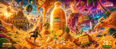 Tropical fantasy juice bottle advertisement with fruit islands