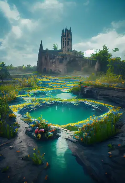 Flooded Crater Gothic Ruins Fantasy Landscape