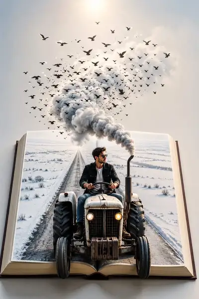 Surreal 3D Book-to-Reality Tractor Scene