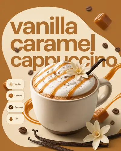 Swiss-style advertising poster for a vanilla caramel cappuccino