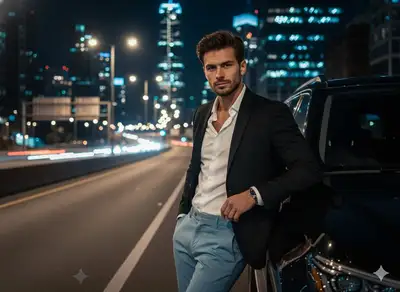 Confident man leaning on a luxury SUV at night