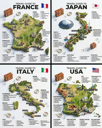 Hyper-realistic 3D country travel guide infographic poster