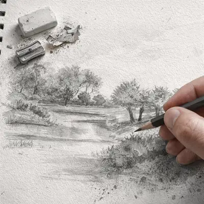 Escena de boceto hiperrealista en 3D con lápiz de grafito