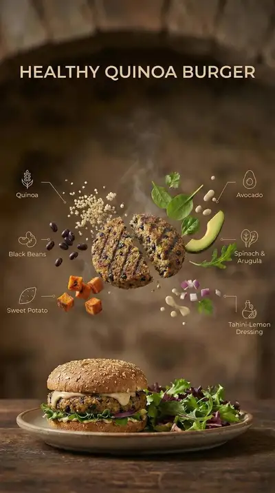 Exploded-view quinoa burger commercial food shot