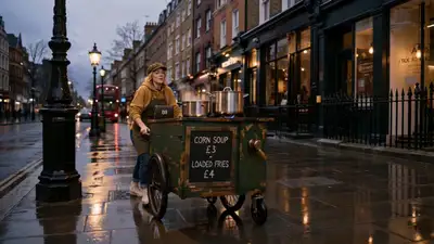 Rainy London street food cart cinematic commercial prompt