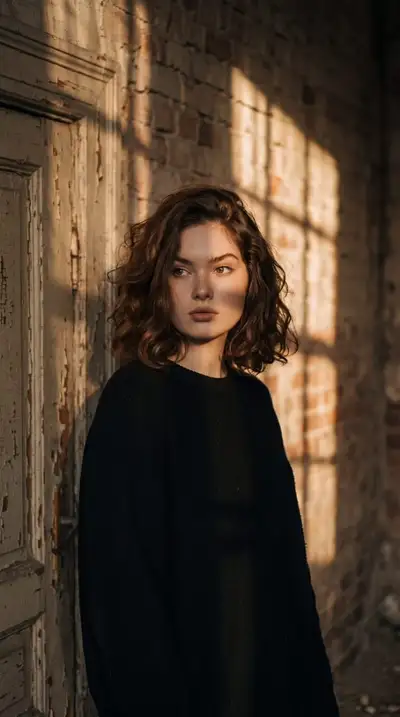 Cinematic golden-hour portrait by a weathered vintage door