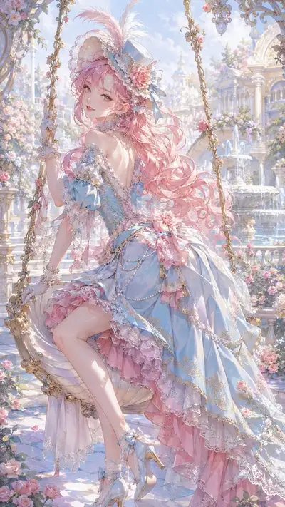 オリジナルアイドルキャラクターを描いたロココ調パステルの宮廷イラスト
