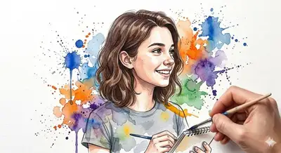 Zwei Charaktere im Aquarell- und Tinten-Skizzenstil mit einer malenden Hand