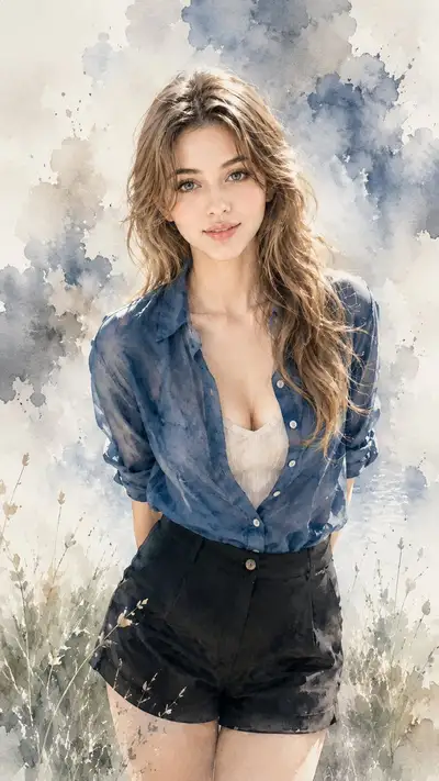 Retrato cinematográfico em estilo aquarela de uma jovem