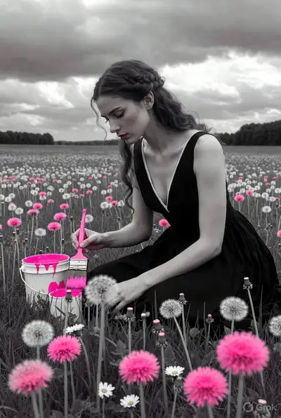 Selective Color Dandelion Field Photorealistic Prompt