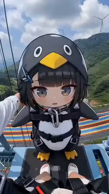 JSON-Prompt: Pinguin-Maskottchen macht Bungee-Sprung von einem Regenbogen-Staudamm