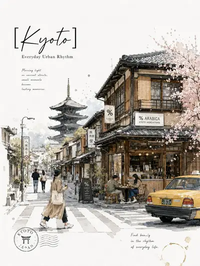 极简京都旅行速写海报（水彩与墨水）