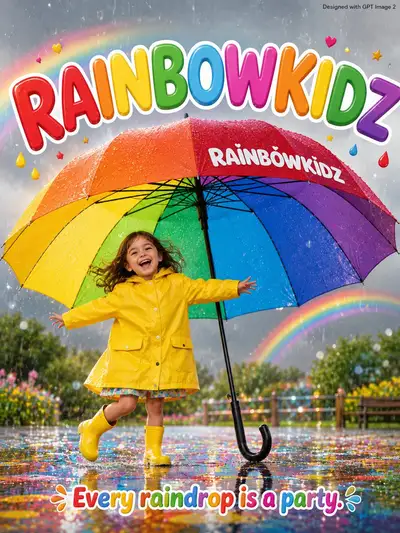Rainbow kids rainy day advertisement poster prompt