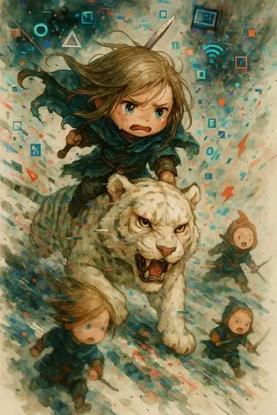 Chibi Warrior on White Tiger - Digital Watercolor