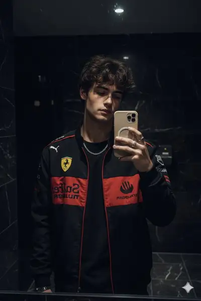 Mirror selfie in a racing jacket in a marble bathroom