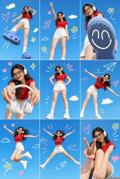 3x3 grid lifestyle collage with playful doodles on blue sky