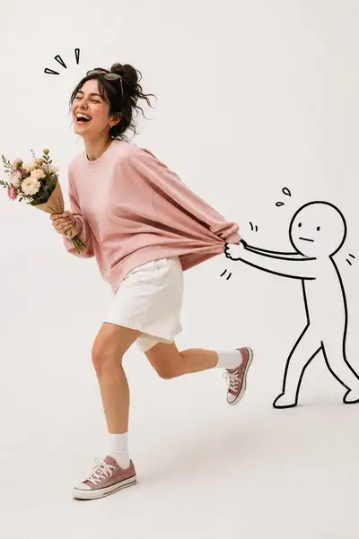 Playful Editorial Photo with Running Woman and Doodle Character
