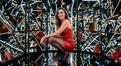 Elizabeth Olsen in a Kaleidoscopic Mirror Room