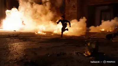 Hero Dodging Explosions Action Scene