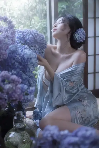 Japanese Film Style Portrait with Hydrangea Bouquet