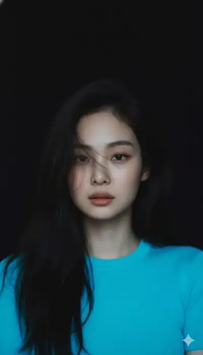 Moody editorial portrait in a neon blue top