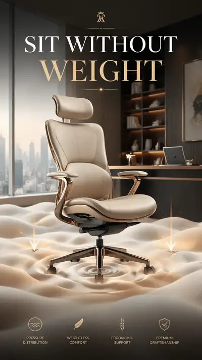 Luxury office chair ad with floating cushion waves