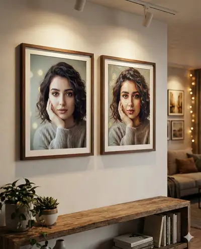 Minimalist Living Room with Dual Portrait Frames