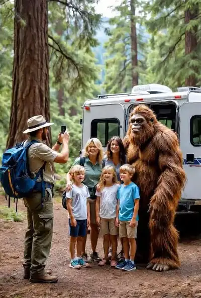 Photo de famille dans un parc national avec un sasquatch souriant