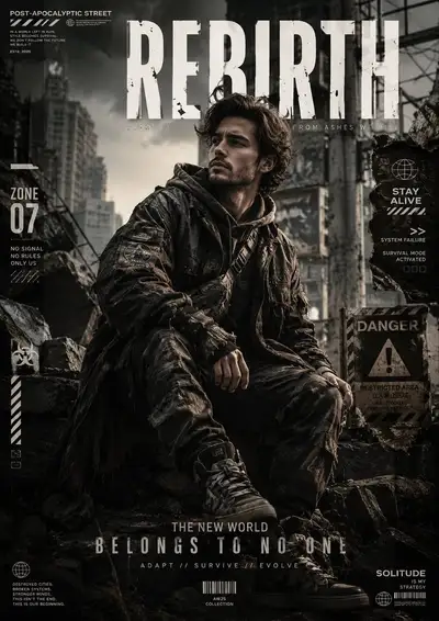 Post-apocalyptic streetwear editorial fashion poster