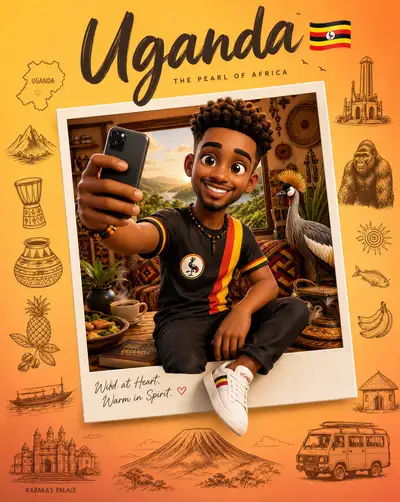 Uganda collectible travel poster, Pixar-style character