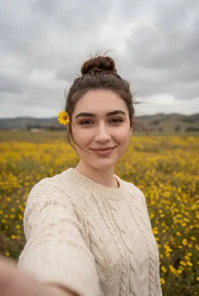 Retrato natural al aire libre de mujer en campo de flores silvestres