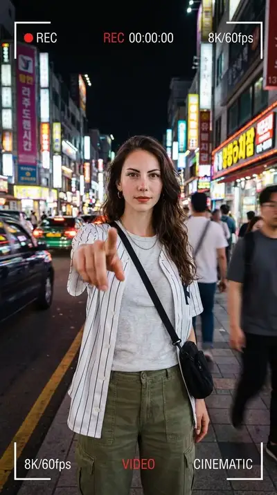 Portrait urbain nocturne néon avec superposition d'interface d'enregistrement de smartphone