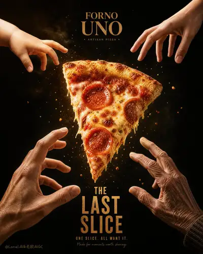 Prompt de anúncio de pizza com quatro mãos alcançando uma fatia para GPT Image 2