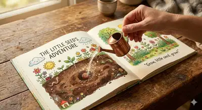 Children's picture book seed watering illustration scene