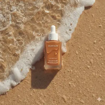 Summer bronzing drop bottle on wet beach sand product shot
