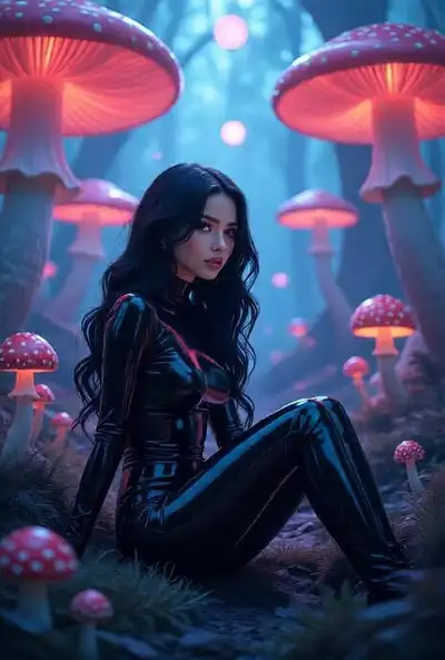 Surreal digital art: woman in glowing mushroom forest