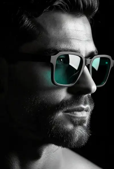 Retrato em preto e branco com óculos de sol de tom azul-esverdeado