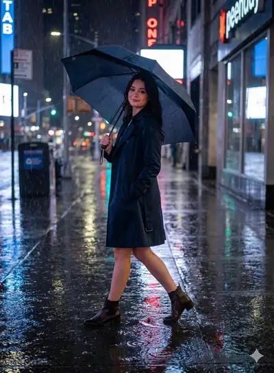 Narrative fashion portrait, walking with umbrella in rain