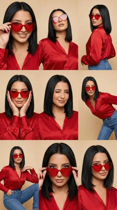 Editorial Pop Campaign Grid with Red Satin and Heart Glasses