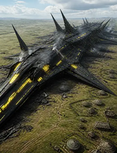 Crashed Sci-Fi Battlecruiser with Neon Lights