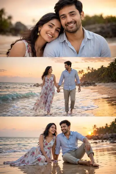 Romantische Strand-Collage eines Paares bei Sonnenuntergang