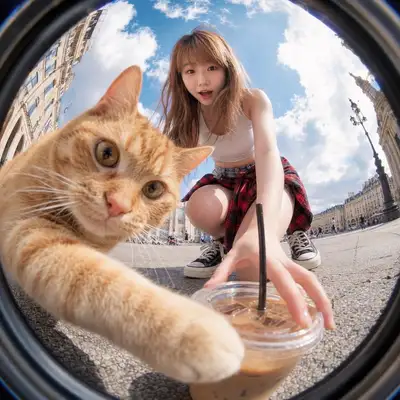 Fisheye Street Photography with Cat Photobomb