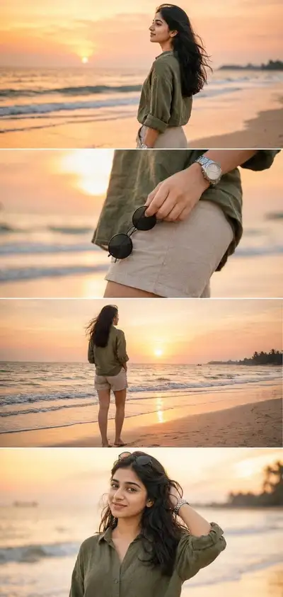 Beach sunset photoshoot collage with a preserved face