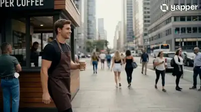 15-second coffee stall commercial with a consistent character